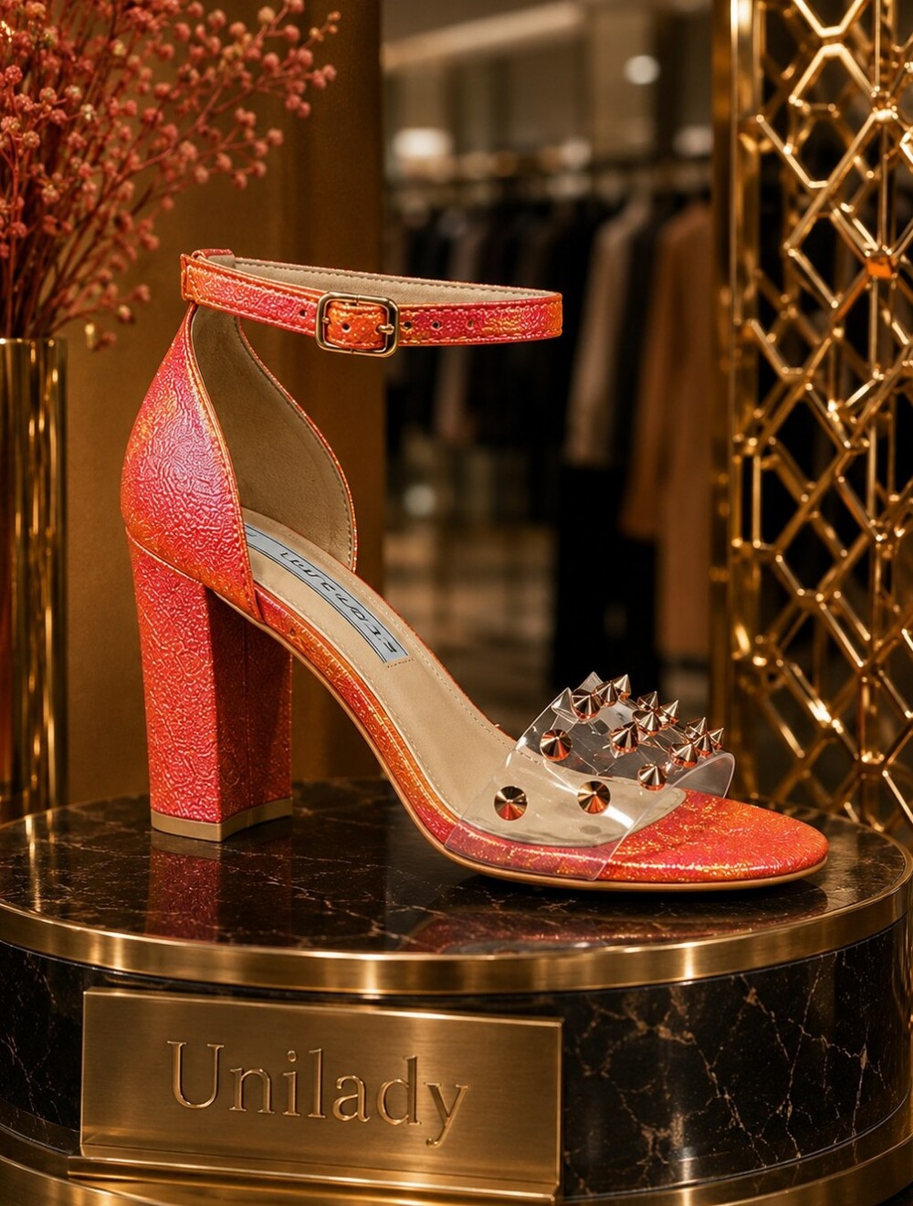 Coral Pink Glitter Block Heel Sandal with Studded Clear Strap